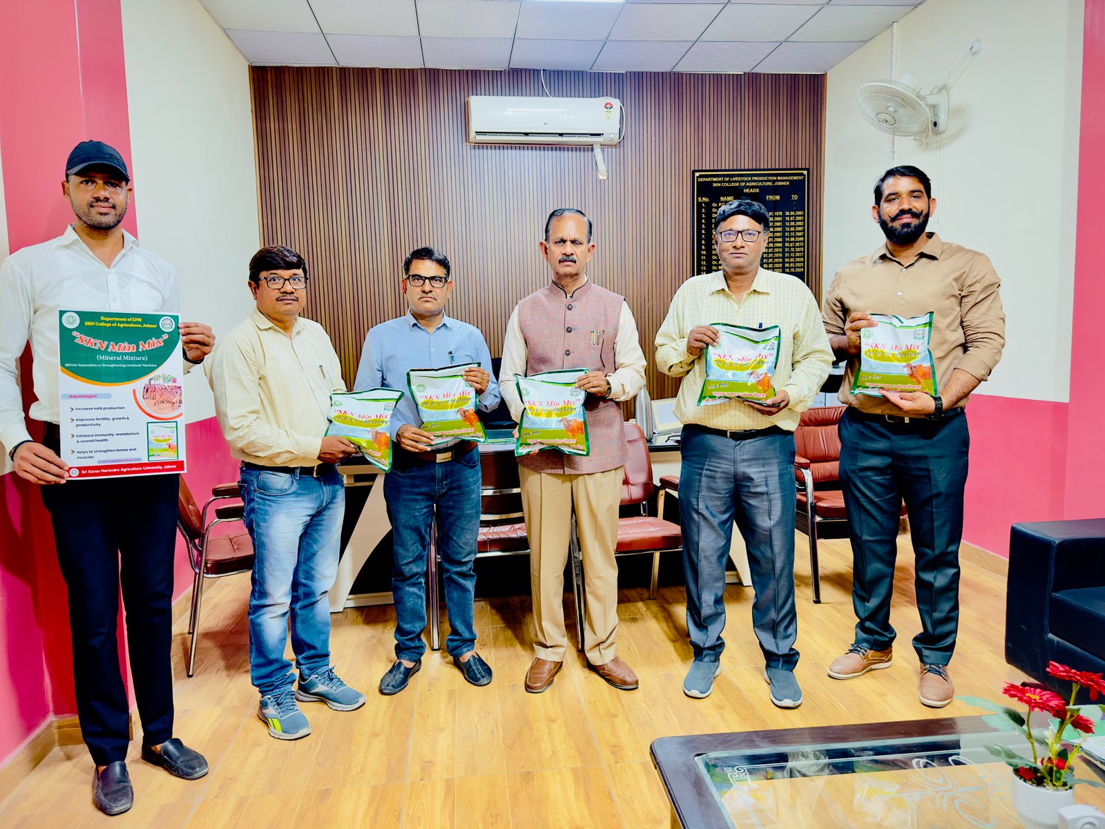 On April 21, 2026, Vice Chancellor Prof. P. S. Chouhan released the “SKN MinMix” mineral mixture—developed by the Department of Livestock Production Management (LPM) at SKN College of Agriculture (SKNCOA), Jobner. Dean & FC Dr. D. K. Gothwal, Director of Research Dr. Ummed Singh, and Director of Education Dr. R. K. Sammauria also graced the occasion.